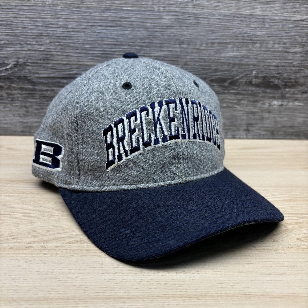 Vintage Breckenridge Hat Cap Strap Back Gray Navy Wool Colorado Mens 90s